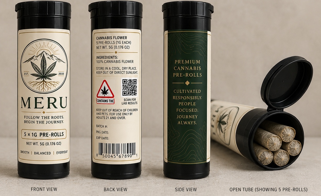 MERU five-pack pre-roll packaging concept showing the container, label and five pre-rolls