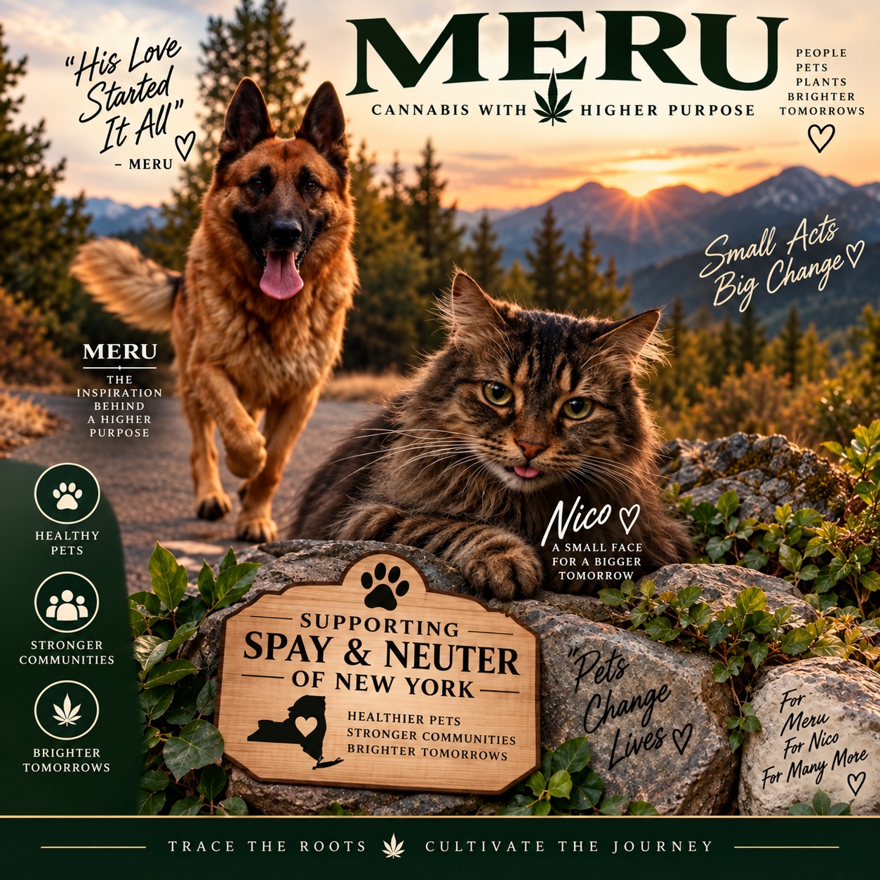 MERU community commitment artwork featuring Meru, Nico and support for New York animal welfare